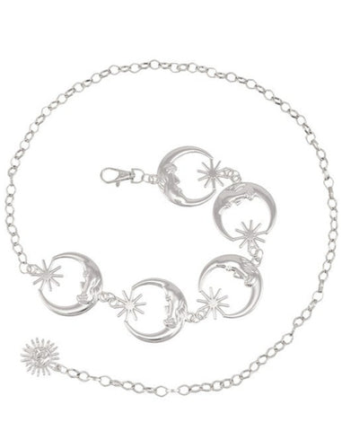 Adjustable belt of 1 1/2” shiny silver metal crescent moons and starbursts linked with a curb style chain and sturdy lobster claw fastener. Shown flat