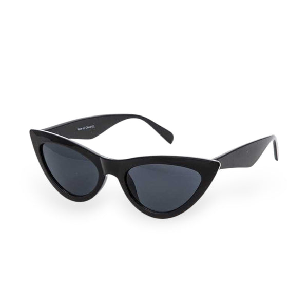 Black cat-eye sunglasses with angled arms on a white background