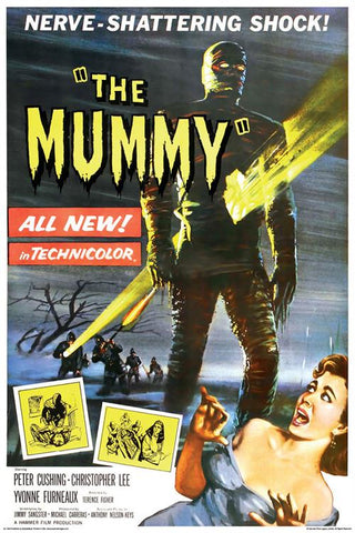 Vintage movie poster for 'The Mummy' 1959 with a mummy and a woman in a rainy landscape.