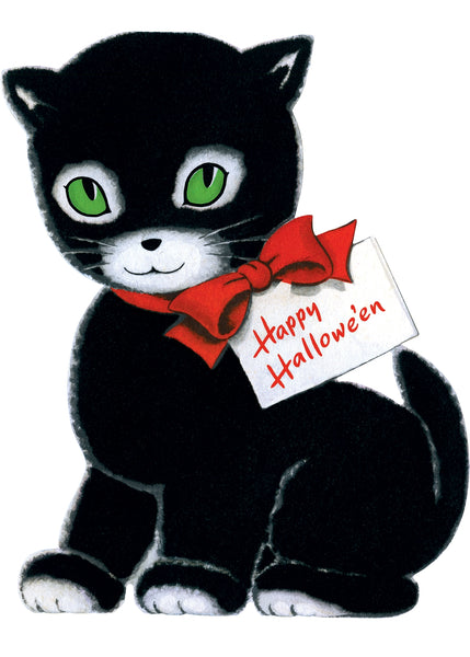 A cartoon-style black cat with green eyes, white paws and muzzle, wearing a red bow and holding a white card that says 'Happy Halloween' on a plain white background.
