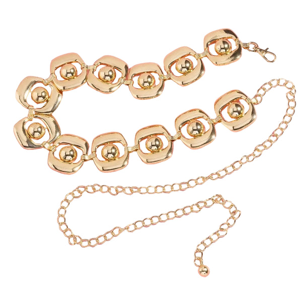 gold metal chain belt made of linked flat oblong discs with a round bead in its middle with chain extender. Shown flat
