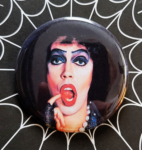 2.25” pinback button of full color portrait of Tim Curry as Frank N. Furter from The Rocky Horror Picture Show