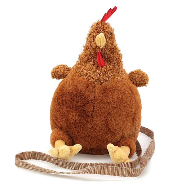plush brown hen novelty shaped crossbody purse with adjustable removable strap. Shown from front