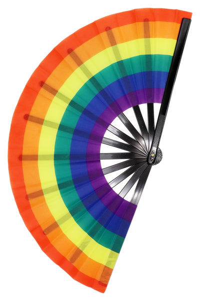 A giant 13” wide rainbow printed fabric folding fan with black plastic ribs. Seen open from front