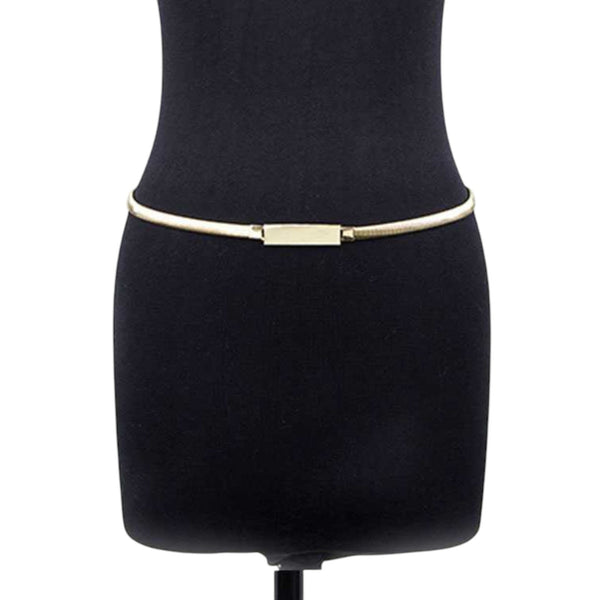 Gold serpentine stretch waist belt with flat rectangular buckle shown on dress form