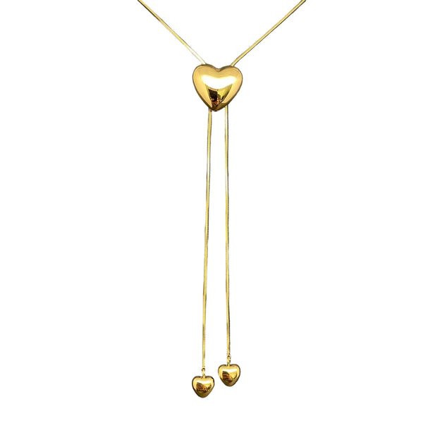 18k gold plated stainless steel shiny bolo tie style necklace with puffy heart charm, snake chain, and matching heart-shaped tips