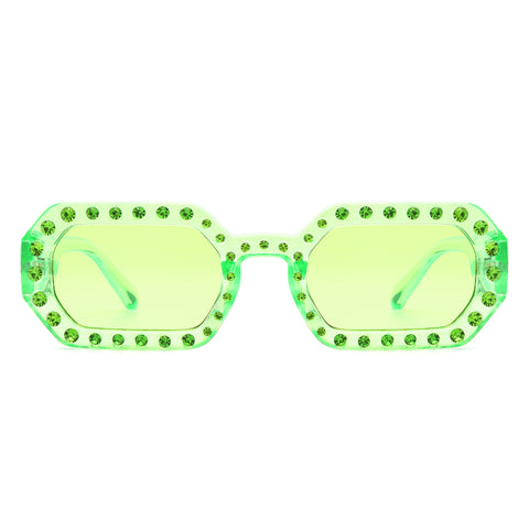 octagon shaped green frame sunglasses with green rhinestones in alternating sizes on the frames and arms. Shown from the front