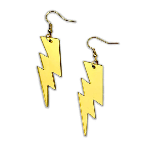 laser-cut gold mirrored acrylic lightning bolt dangle earrings