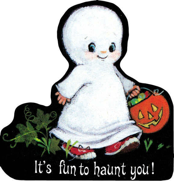 A vintage-style Halloween illustration of a ghost child in a white dress holding an orange jack-o'-lantern bucket, with the text 'It's fun to haunt you!' on a black background.
