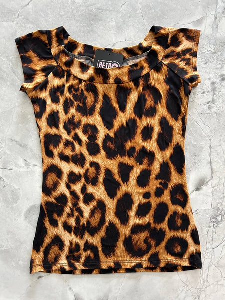 Natural photorealistic leopard print knit top with boat neck and short sleeves