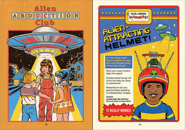 Two vintage-style advertisements for 'Alien Abduction Club' and 'Alien-Attracting Helmet' on a yellow background.