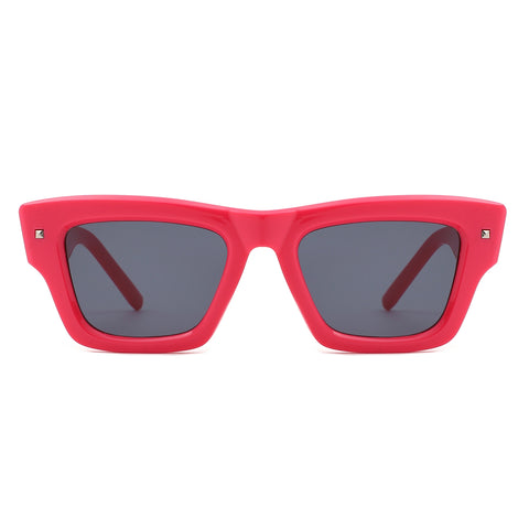 thick framed deep pink wayfarer style sunglasses with silver square stud detail at each temple and arm with black smoke lenses. Shown from front