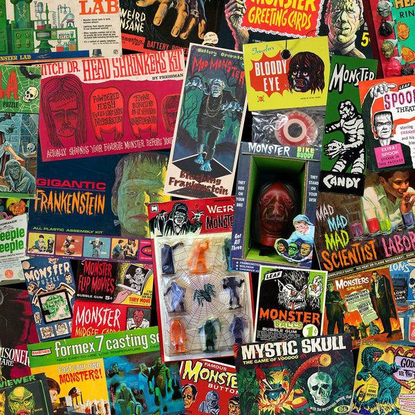 Rectangular wrapping paper sheets with alllover collage pattern of vintage 50s and 60s ads and packaging for monster themed novelties such as candy, trading cards, masks, and board games. Pattern shown in close up