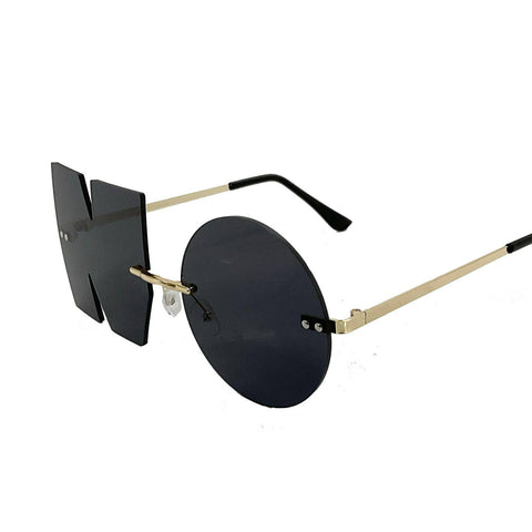 rimless sunglasses with dark smoke lenses, one lense in the shape of the letter N and one in the shape of the letter O to spell the word NO