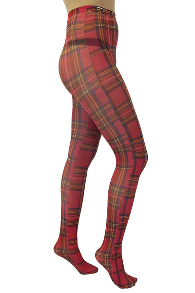 green, red, yellow, blue, and black plaid (Royal Stewart tartan) opaque printed tights shown worn by a model from the side