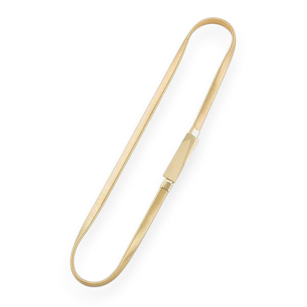 Gold serpentine stretch waist belt with flat rectangular buckle shown flat