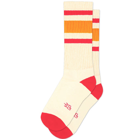 unisex warm cream white crew socks with pink toes and heels & pink and orange striped cuffs