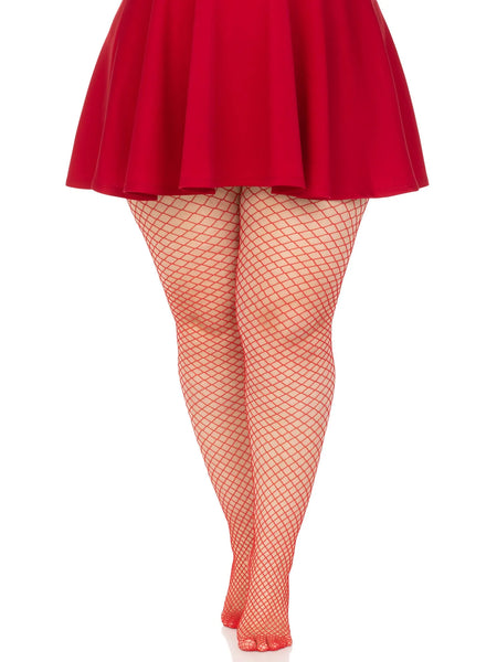 bold industrial fishnet pantyhose in red, shown on model 