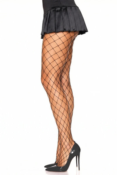 black diamond net pantyhose, shown side view on model