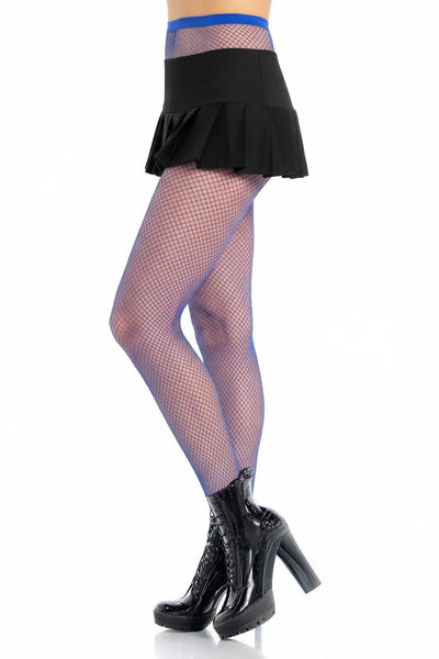 side view of a model's lower body wearing a black faux-leather pleated mini skirt, royal blue fishnet tights, and black lace-up platform boots against a white background