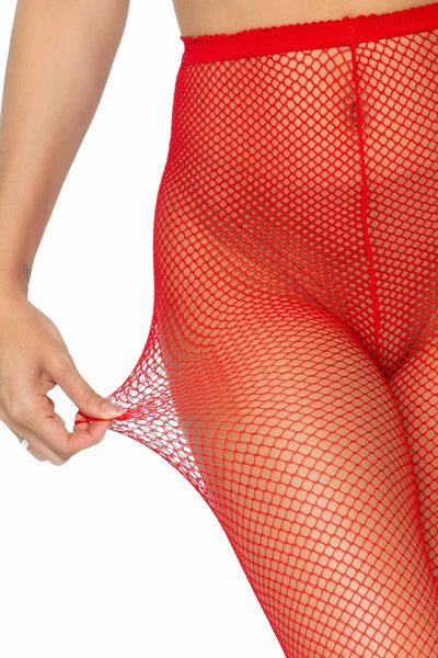 model wearing red fishnet stockings on a white background