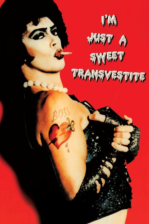 Rectangular postcard of Dr. Frank N. Furter posing from the side on a red background with the caption "I'M JUST A SWEET TRANSVESTITE"