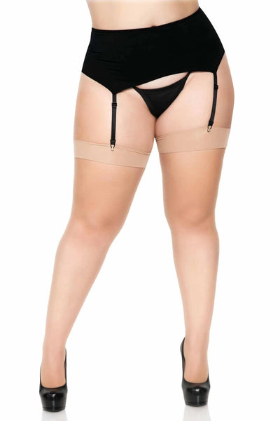 nude micro net thigh high fishnet stockings with solid top band, shown on model