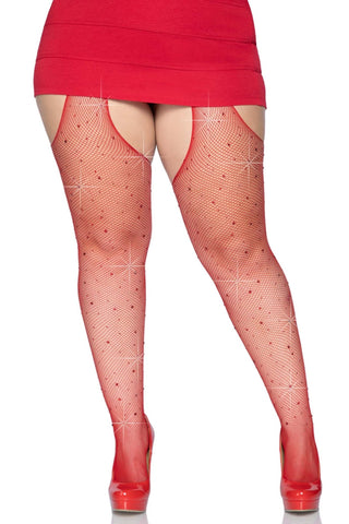 red fishnet stockings with sparkly red rhinestone jewel embellishments and cutouts at the hips and crotch to resemble suspenders. Shown on a plus size model from the waist down