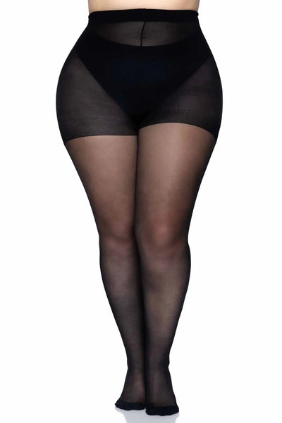 Black sheer stockings, shown worn by a model