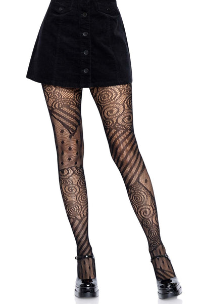 Black fishnet pantyhose with an allover knit-in patchwork design reminiscent of the patterns on Sally's dress in The Nightmare Before Christmas. Shown on a model from the waist down.