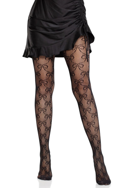 Black fishnet pantyhose with allover knit-in bow design in a diamond pattern, worn by a model