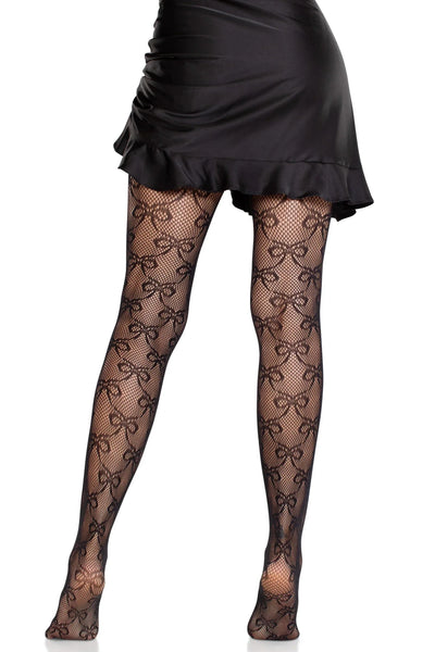 Black fishnet pantyhose with allover knit-in bow design in a diamond pattern, worn by a model