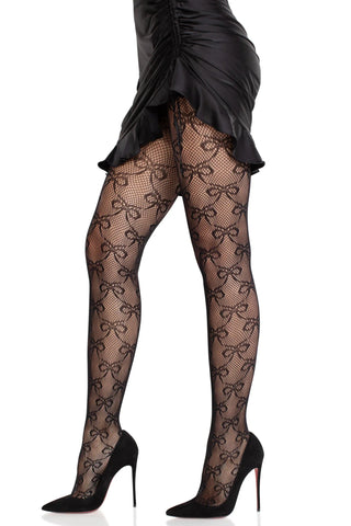 Black fishnet pantyhose with allover knit-in bow design in a diamond pattern, worn by a model