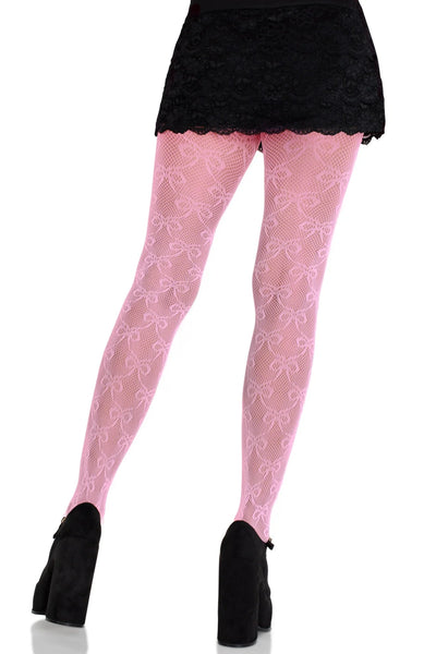 pink fishnet pantyhose with allover knit-in bow design in a diamond pattern, worn by a model