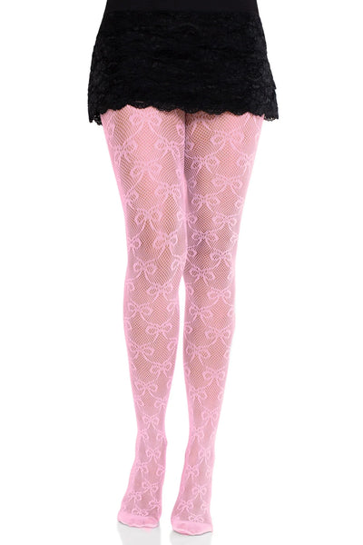 pink fishnet pantyhose with allover knit-in bow design in a diamond pattern, worn by a model