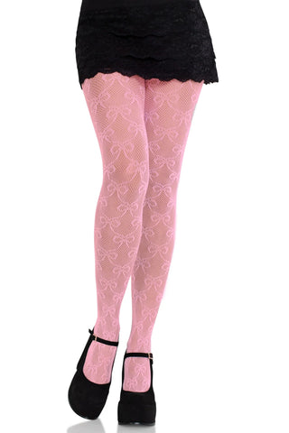 pink fishnet pantyhose with allover knit-in bow design in a diamond pattern, worn by a model