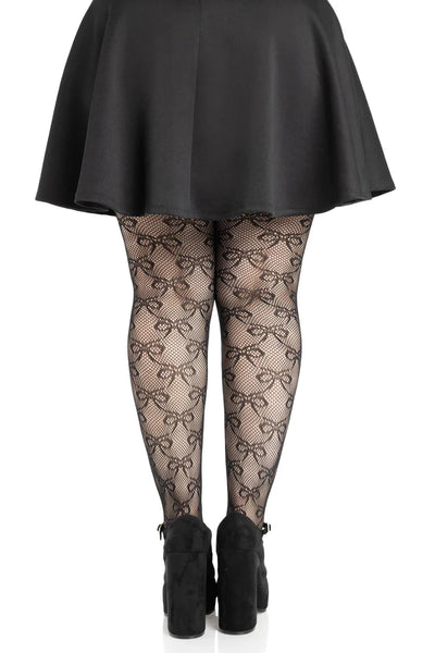 Black fishnet pantyhose with allover knit-in bow design in a diamond pattern, shown back view on a model