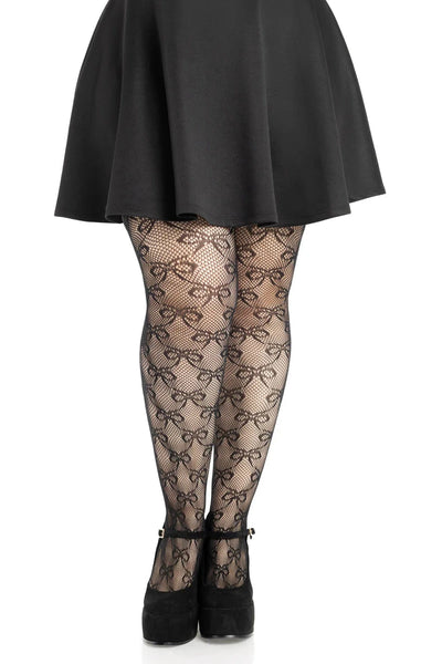 Black fishnet pantyhose with allover knit-in bow design in a diamond pattern, shown on a model