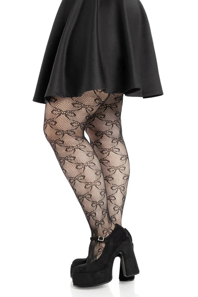 Black fishnet pantyhose with allover knit-in bow design in a diamond pattern, shown side view on a model