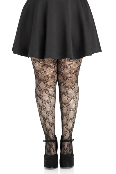 Black fishnet pantyhose with allover knit-in bow design in a diamond pattern, shown on a model