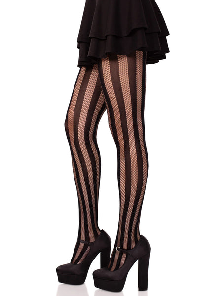 vertical stripe black tights comprised of alternating opaque solid and fishnet, shown on a model