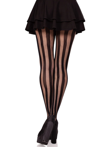 vertical stripe black tights comprised of alternating opaque solid and fishnet, shown on a model