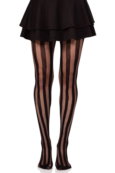vertical stripe black tights comprised of alternating opaque solid and fishnet, shown on a model