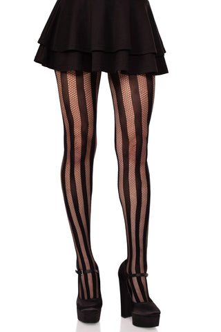 vertical stripe black tights comprised of alternating opaque solid and fishnet, shown on a model