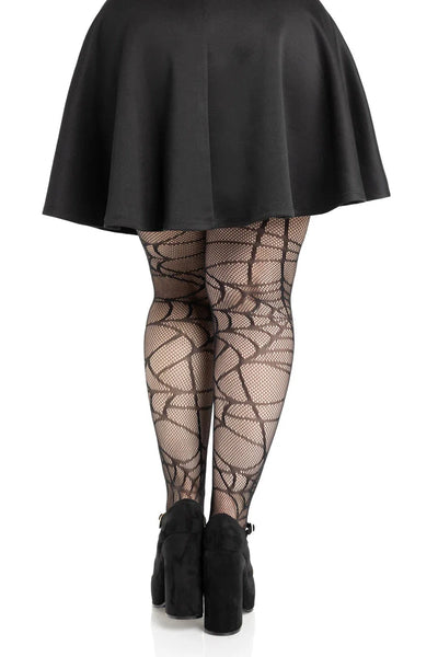 black fishnet pantyhose with allover knit-in spiderweb design, shown back view on a model