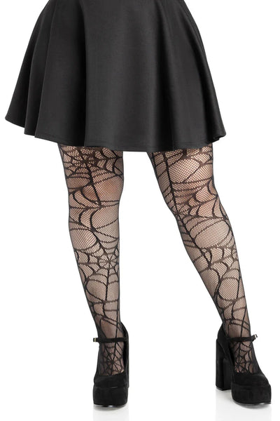black fishnet pantyhose with allover knit-in spiderweb design, shown on a model