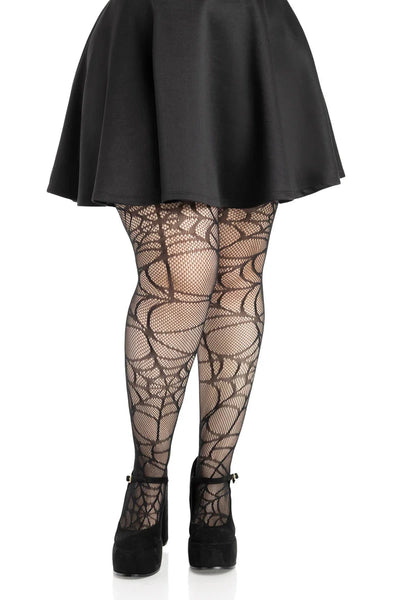 black fishnet pantyhose with allover knit-in spiderweb design, shown on a model
