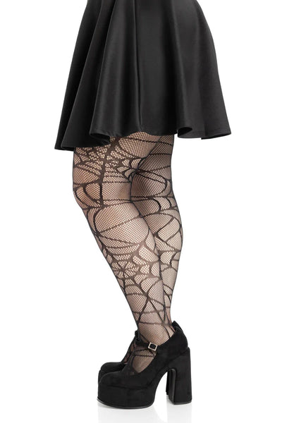 black fishnet pantyhose with allover knit-in spiderweb design, shown side view on a model
