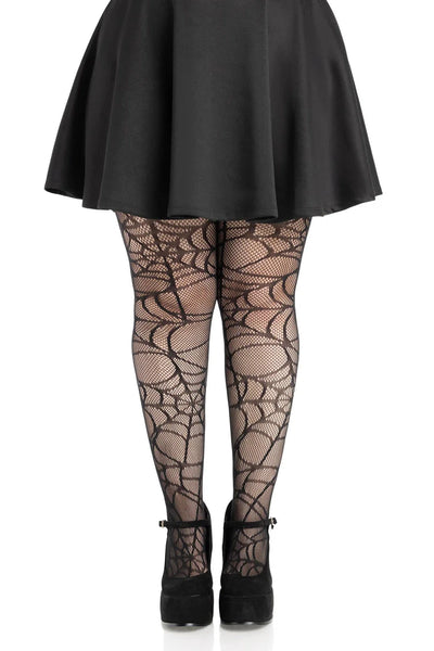 black fishnet pantyhose with allover knit-in spiderweb design, shown on a model