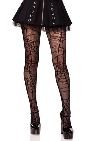 Black fishnet pantyhose with allover knit-in spiderweb design, worn by a model
